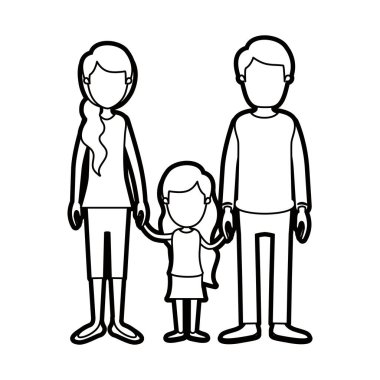 karikatür kalın kontur meçhul aile ile genç Baba ve anne tarafı at kuyruğu saçları küçük kızla el ele