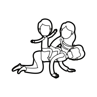 karikatür kalın kontur meçhul sakallı baba ile çocuklar at sırtında oyun