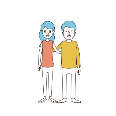 karikatür renk bölümleri ve rahat giyim çift kucaklayan tam vücut çiftin mavi saç