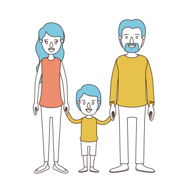 karikatür renk bölümleri ve ailenin anne ve küçük çocuk el ele mavi saç