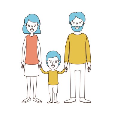 karikatür renk bölümleri ve küçük çocuk el ele ile kısa saçlı sakallı baba ile aile ve anne mavi saç