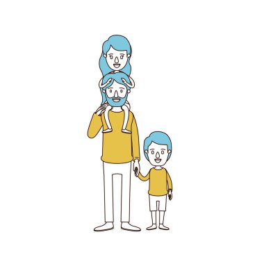 karikatür renk bölümleri ve mavi saçlı sakallı baba kız onun arka ve eller alınan çocuk ile