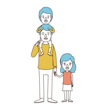 karikatür renk bölümleri ve baba onun sırt ve eller alınan kız çocuğu ile mavi saç