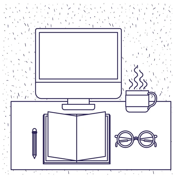 Fundo branco com silhueta azul de mesa de escritório com livro de computador e óculos e lápis e xícara de café — Vetor de Stock
