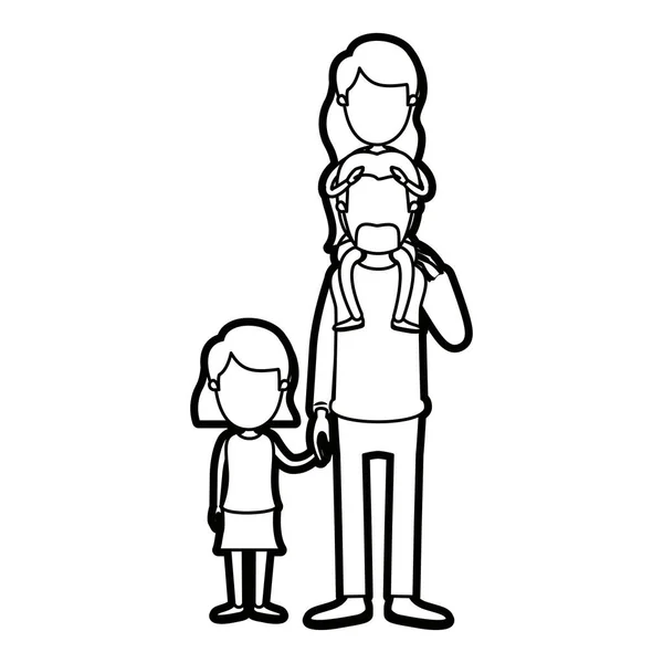 Karykatura gruby kontur twarzy tata z daugther na plecach i rękach mała dziewczynka — Wektor stockowy
