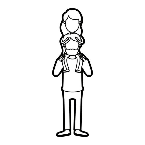 Caricatura grueso contorno sin rostro barbudo padre con niña en la espalda — Vector de stock