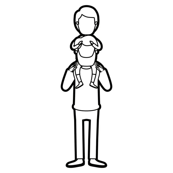 Karikatyr tjock kontur ansiktslösa skäggiga far med pojke på hans rygg — Stock vektor