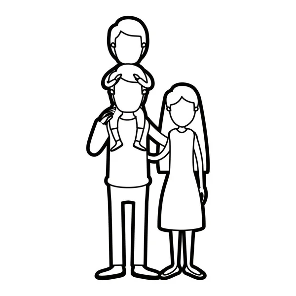 Karykatura gruby kontur twarzy rodzinne matka i ojciec z chłopcem na plecach — Wektor stockowy