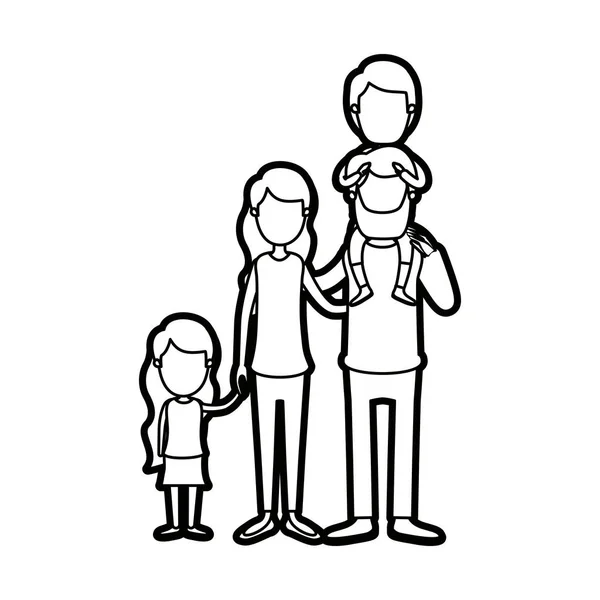 풍자 만화 두꺼운 윤곽선 익명 큰 가족 부모 자신의 뒤로 손을 찍은 daugther에 아이 함께 — 스톡 벡터