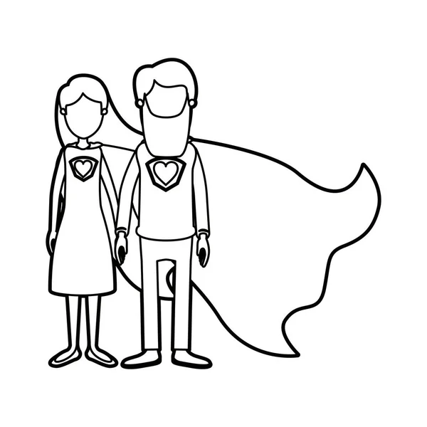 Karikatur dicke Kontur gesichtslose Ganzkörper-Paar Eltern Superhelden mit Uniform und Mütze — Stockvektor