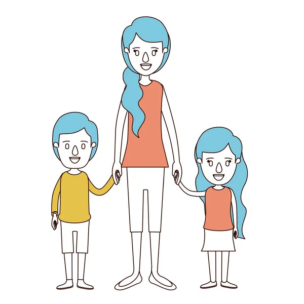 Sections de couleur caricature et les cheveux bleus de la mère du corps complet pris la main avec les enfants — Image vectorielle