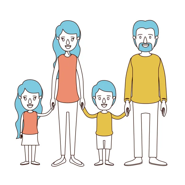 Sections de couleur caricature et les cheveux bleus du groupe familial avec les parents et les enfants pris en main — Image vectorielle