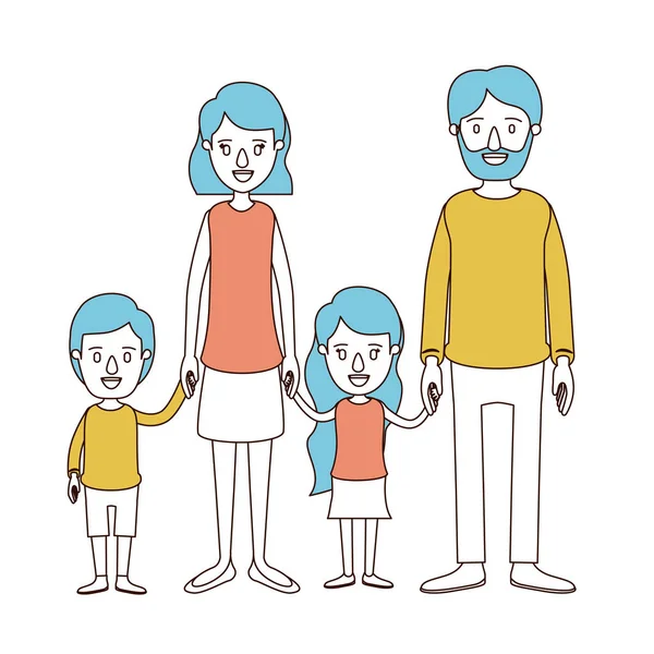 Карикатурные цвета и голубые волосы семейной группы с родителями и маленькими детьми взялись за руки — стоковый вектор