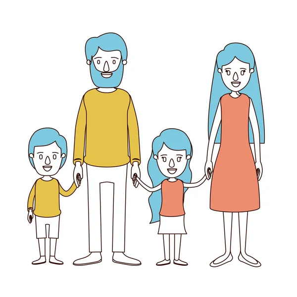 Sections de couleur caricature et les cheveux bleus de la famille avec les parents et les petits enfants pris la main — Image vectorielle