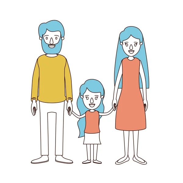 Карикатурные цвета сечений и голубые волосы семьи с отцом бородатый и мама с длинными волосами с маленькой девочкой взяты за руки — стоковый вектор