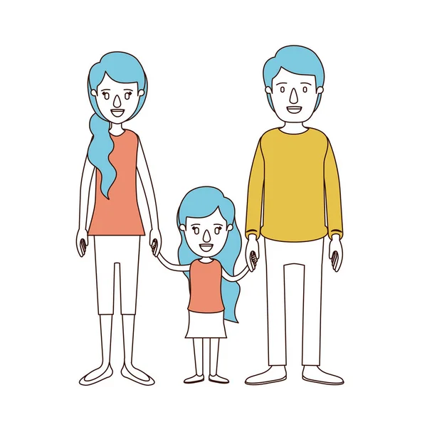 Sections de couleur caricature et les cheveux bleus de la famille avec jeune père et maman avec les cheveux de queue de cheval latérale avec petite fille pris les mains — Image vectorielle