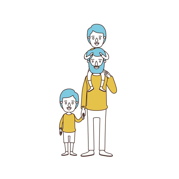 Karykatura kolor sekcje i niebieskie włosy Brodaty ojca z chłopcem na plecach i dziecko wziąć ręce — Wektor stockowy