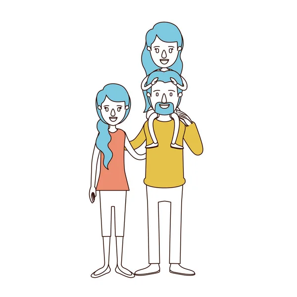 Karikatyr färg sektioner och blått hår familj med mor och far med mustasch och flicka på ryggen — Stock vektor