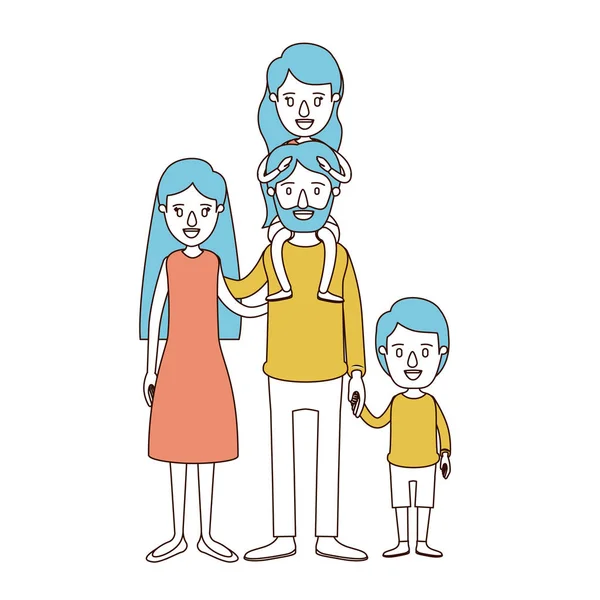 Sections de couleur caricature et les cheveux bleus des parents de la famille avec fille sur son dos et garçon pris les mains — Image vectorielle