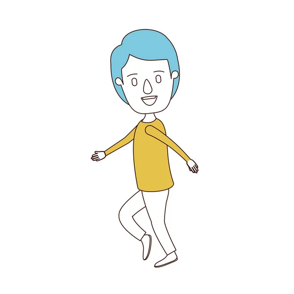 Renk bölümleri ve tüm vücut adam mavi saçlı dans saç modeli ile karikatür — Stok Vektör