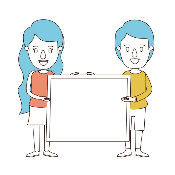Caricatura sezioni di colore e capelli blu di coppia corpo pieno in possesso di un poster quadrato — Vettoriale Stock