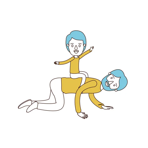 Карикатурні кольорові секції і блакитне волосся бородатого батька з хлопчиком, який грає коня на спині — стоковий вектор