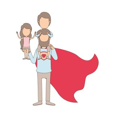light color caricature faceless full body super dad hero with girl on his hand and boy on his back clipart