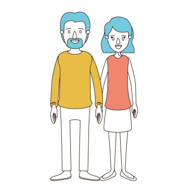 karikatür renk bölümleri ve tüm vücut kadın çift mavi saç dalgalı kısa saç etek ve rahat giyim adam