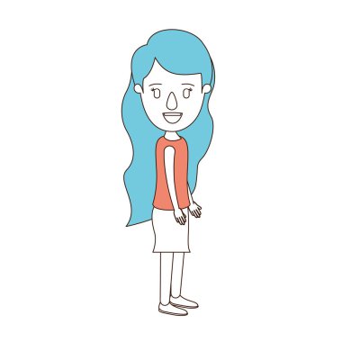 karikatür renk bölümleri ve tüm vücut kadın mavi saç dalgalı uzun saçlı tarafına arıyorsunuz