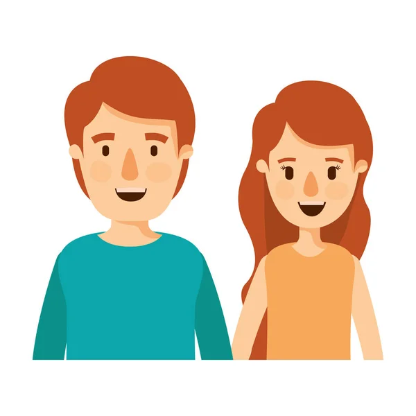 Caricatura colorida metade corpo casal mulher com cabelo ondulado longo e homem — Vetor de Stock
