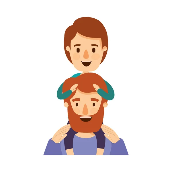 Colorful caricature half body bearded father with boy on his back — Stock Vector