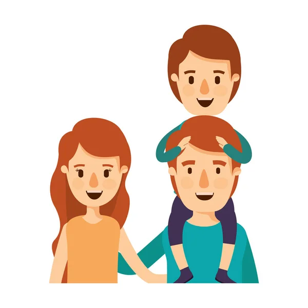 Colorido caricatura medio cuerpo familia padres con chico en su espalda — Vector de stock