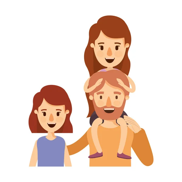Caricatura colorida metade da família do corpo com mulher de cabelo curto e homem barbudo com menina de costas — Vetor de Stock