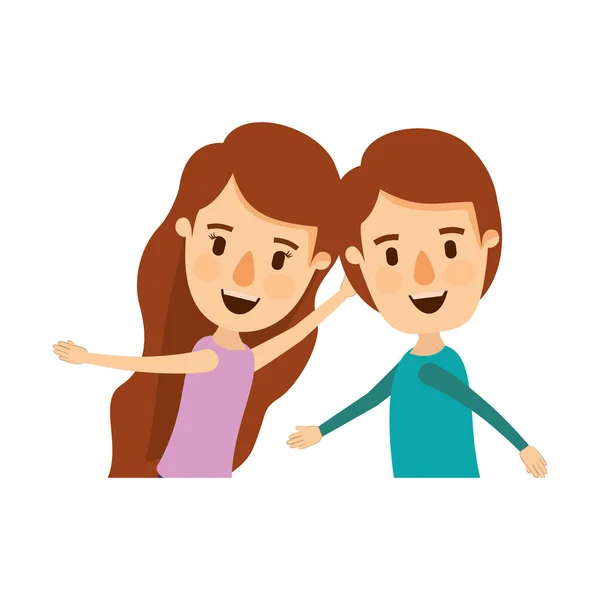 Colorido caricatura vista lateral medio cuerpo pareja niños bailando — Vector de stock