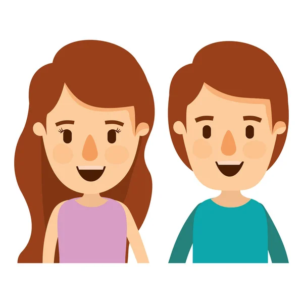 Colorful caricature front view half body couple children — Stock Vector