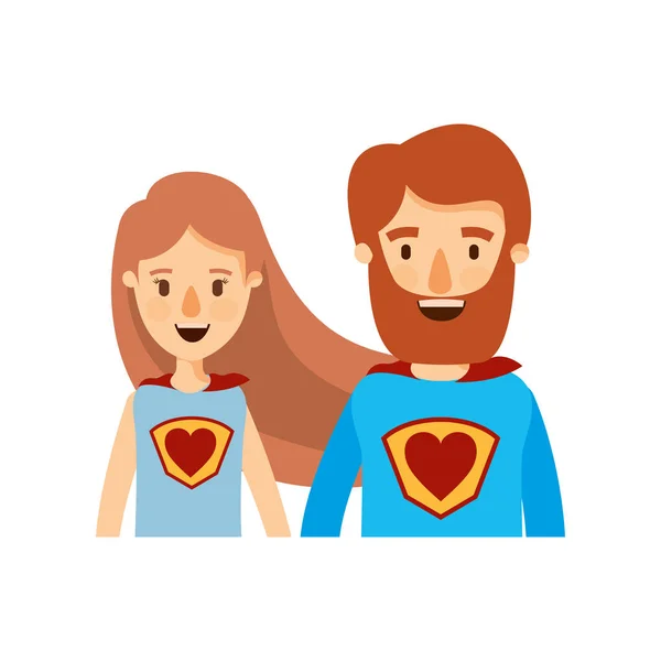 Kleurrijke karikatuur halve lichaam paar vrouwelijke en mannelijke super held met hartsymbool in uniform — Stockvector