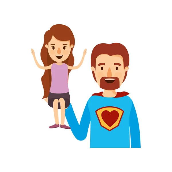Colorido caricatura metade corpo super pai herói com menina em sua mão —  Vetores de Stock