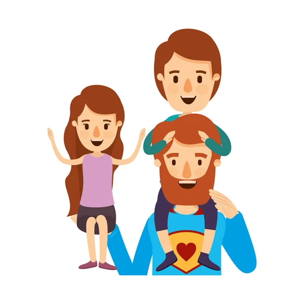 Colorful caricature half body super dad hero with girl on his hand and boy on his back — Stock Vector