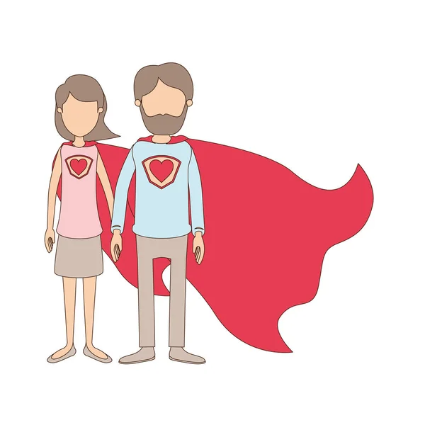 Caricatura de color claro sin rostro cuerpo completo pareja padres super héroe con símbolo del corazón en uniforme — Vector de stock