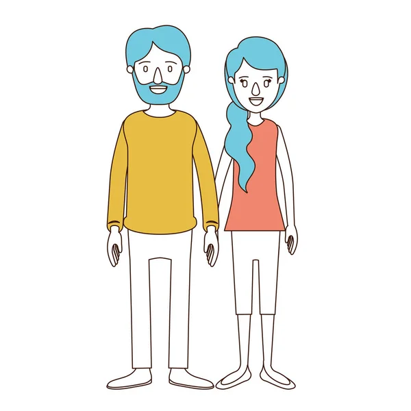 Seções de cor caricatura e cabelo azul de corpo inteiro casal mulher com rabo de cavalo cabelo lateral e homem em roupas casuais — Vetor de Stock