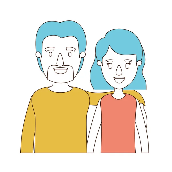 Secciones de color caricatura y cabello azul de medio cuerpo pareja mujer con peinado corto y barbudo hombre — Vector de stock