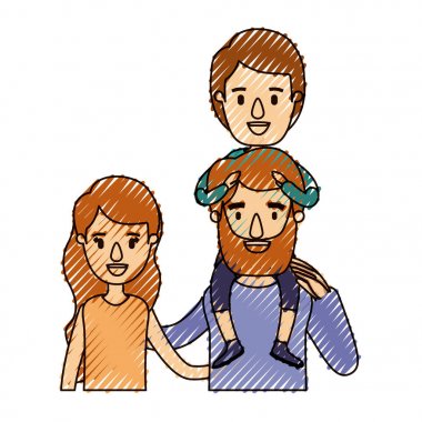 renk mum boya şerit karikatür yarım vücut aile dalgalı kadın ve çocukla sırtında sakallı adam