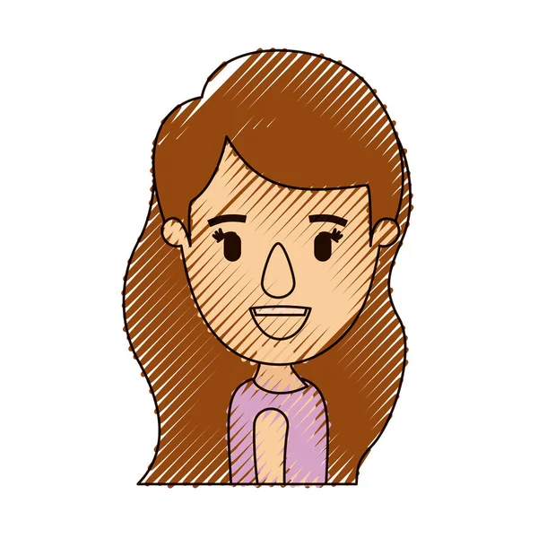 彩色蜡笔条纹漫画侧面视图一半身体头发的女孩长长的卷发 — 图库矢量图片