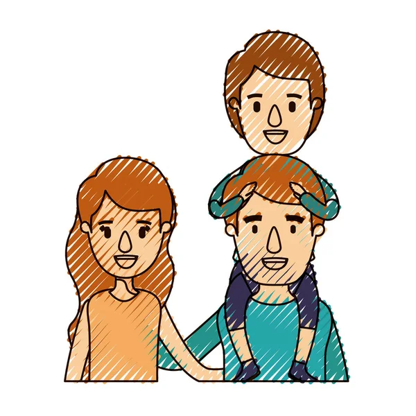 Color crayón raya caricatura medio cuerpo familia padres con chico en su espalda — Archivo Imágenes Vectoriales