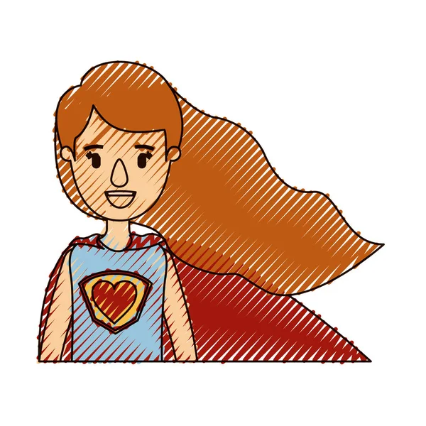 Warna krayon garis karikatur setengah tubuh super pahlawan wanita dengan rambut panjang bergelombang - Stok Vektor