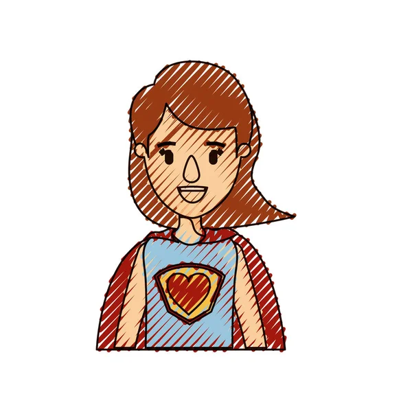 Warna krayon stripe karikatur setengah tubuh super wanita dengan rambut pendek - Stok Vektor