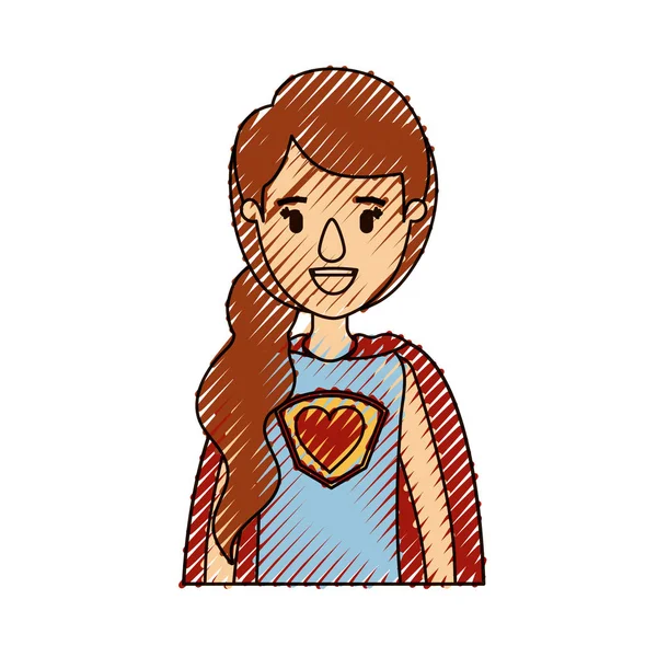Warna krayon stripe karikatur tubuh setengah super wanita dengan sisi poni gaya rambut - Stok Vektor