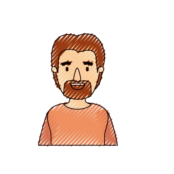 Color crayón raya caricatura medio cuerpo hombre con bigote y barba — Vector de stock