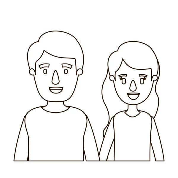 Croquis contour caricature demi corps couple femme avec de longs cheveux ondulés et l'homme — Image vectorielle