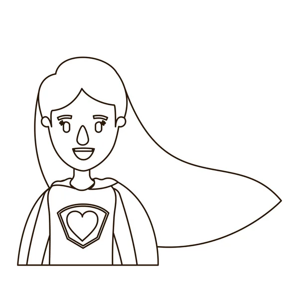 Skiss kontur karikatyr halva kroppen super kvinna med rakt långt hår — Stock vektor